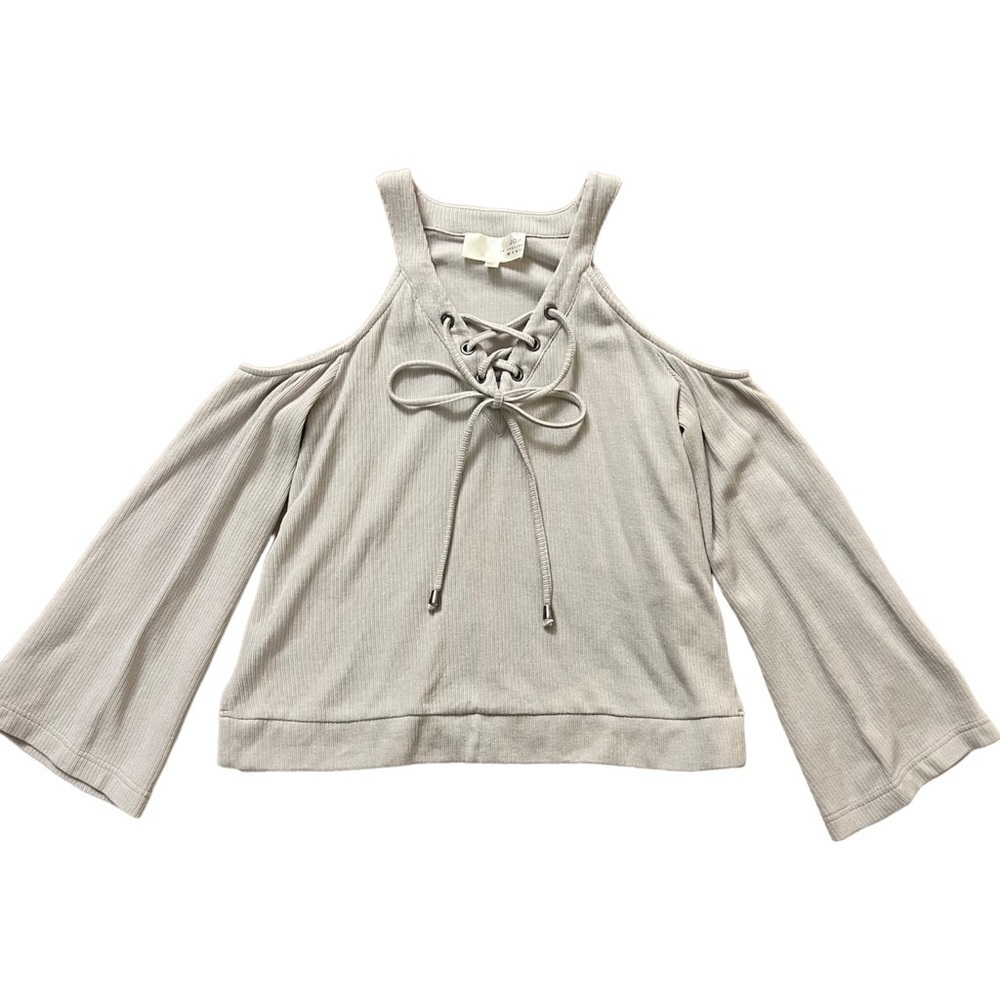 J.O.A. Sweater Cold Shoulder Lace-up Bell Sleeves in Light Gray XS